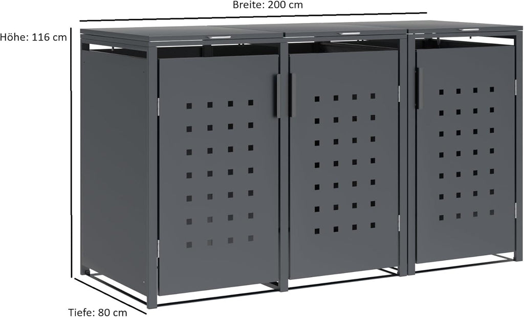 DEGAMO Mülltonnenbox 3-er Mülltonnenhaus Trier für 3X Tonnen 120 und 240 Liter, Stahl verzinkt, Farbe anthrazit