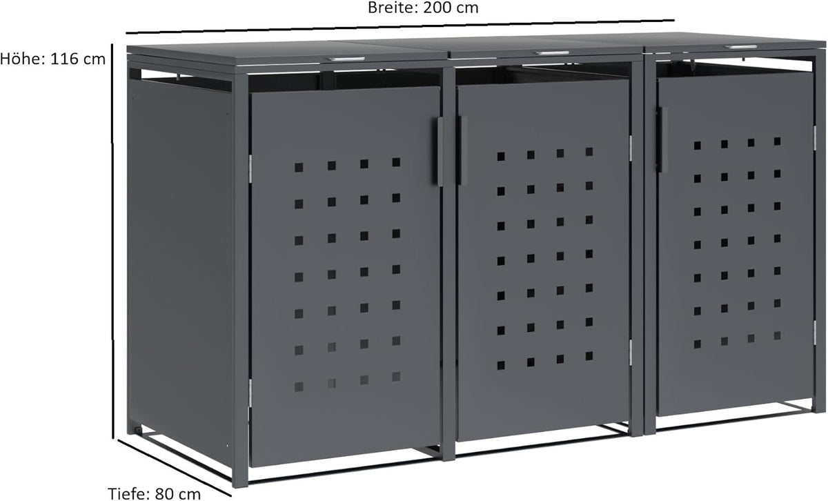 DEGAMO Mülltonnenbox 3-er Mülltonnenhaus Trier für 3X Tonnen 120 und 240 Liter, Stahl verzinkt, Farbe anthrazit