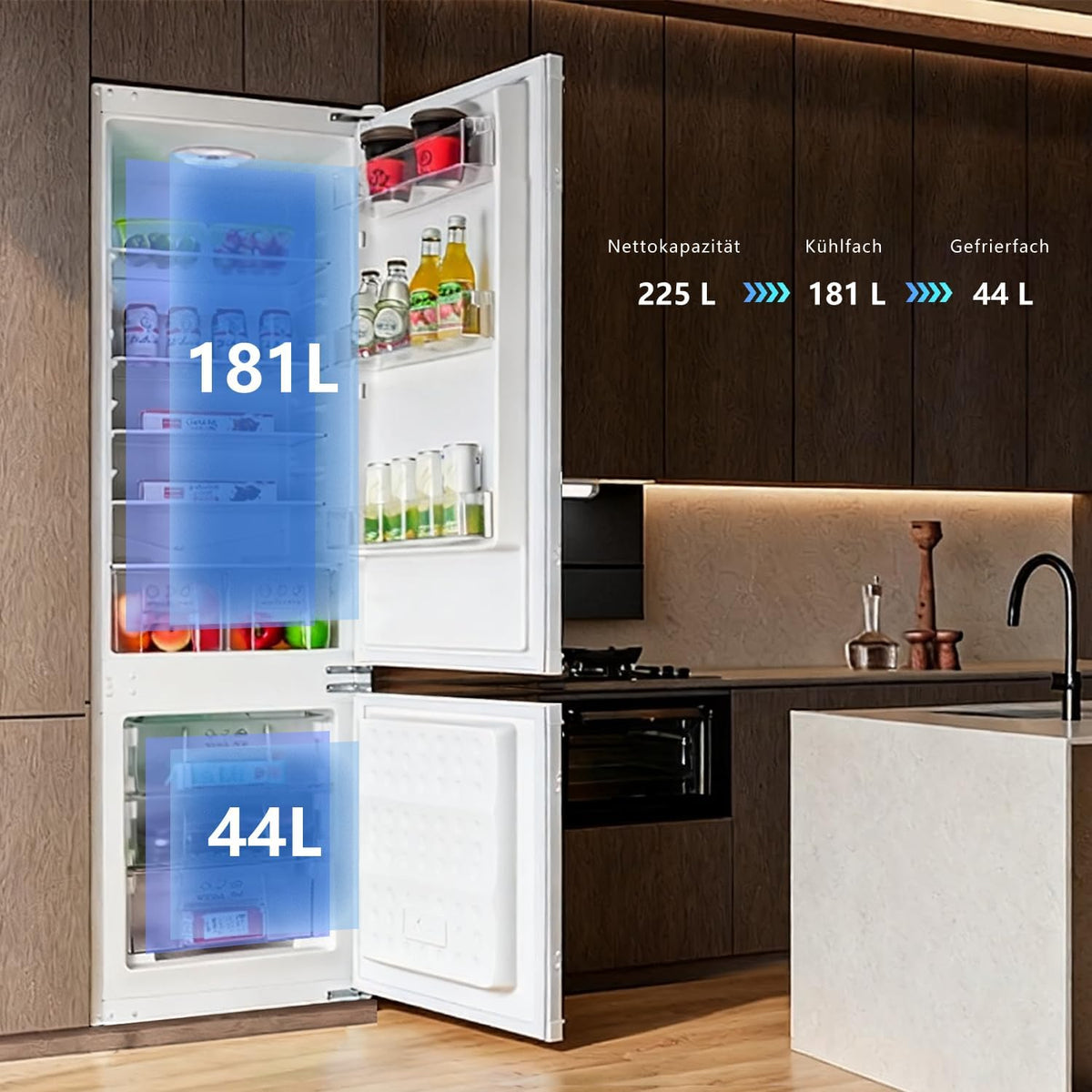 Einbaukühlschrank mit gefrierfach 177 cm hoch x 54 cm breit , 【 Nofrost Plus 】, kühl gefrierkombination einbau 178 kühlschrank | 225 L (181L/44L) | Energieeffizient | 5 hat | Leise | Türs Wechselbar