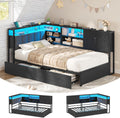 Polsterbett Schlafsofa 90x190 mit LED-Beleuchtung, Ladestation, Tagesbett, Jugendbett mit 2 Schubladen und Lattenrost aus Metall, Kopfteil mit Stauraum, Offene Regale, Schrank, Schwarz