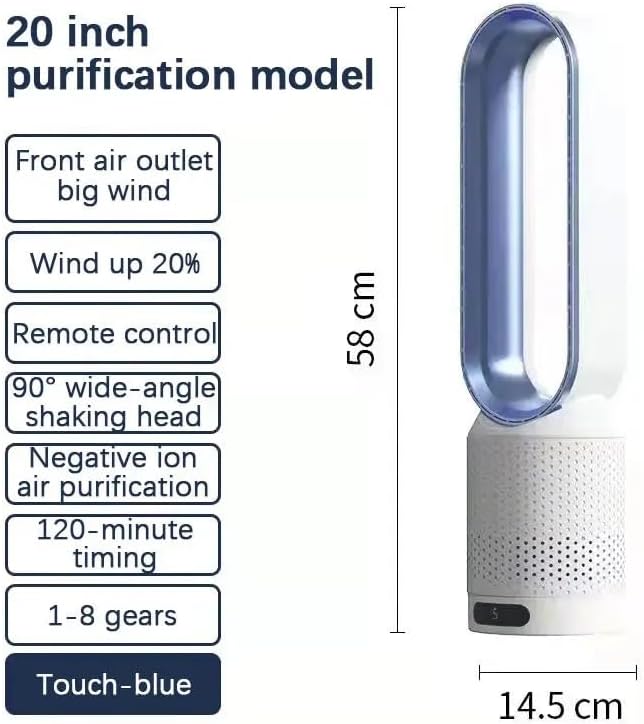 Ventilator ohne Schaufel, leiser Säulenventilator, 90° Oszillation und 8 Geschwindigkeitsstufen, Ventilator ohne Flügel, mit Fernbedienung und Touchscreen, Luftreinigung, für Schlafzimmer (blau)