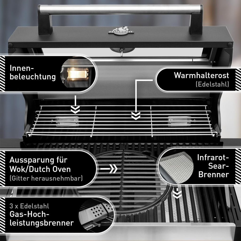 Gasgrill Hektor 3B-S Edelstahl Gasgrillstation 3 Brenner, Infrarot Sear-Brenner, Gusseisen-Grillrost, Seitenkocher und Kochplatte Inkl. Abdeckhaube für Garten, Terrasse