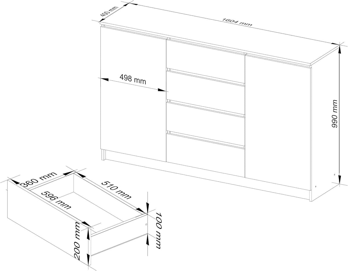 AKORD Kommode K 160 cm | 4 Schubladen und 2 Türen | für Wohnzimmer Schlafzimmer Schrank Wohnzimmer | Modernes Funktionelles Design | Schichtstoffplatte 16mm | Farbe Sonoma