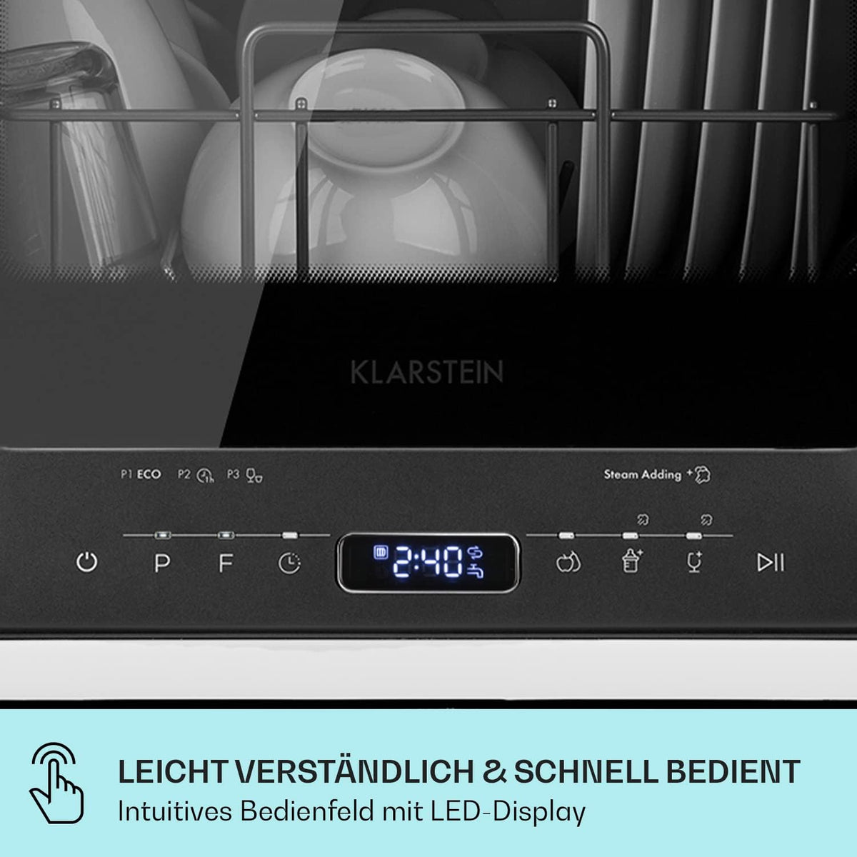 Klarstein  ia Mini Geschirrspüler, Spülmaschine mit Platz für 2 Maßgedecke, 6 Programme, 5 L Wasser benötigt, LED-Display, Touch, Tischgeschirrspüler inkl. Zubehör, schwarz
