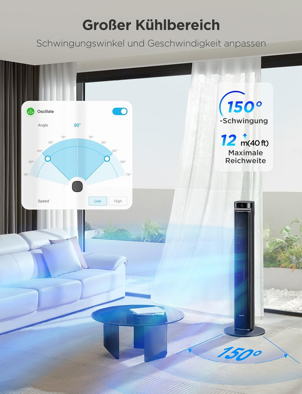GoveeLife leiser Ventilator, 12 Geschwindigkeiten bis zu 8 m/s, 5 Modi, 24-Stunden-Timer, intelligenter Turmventilator mit 150°-Oszillation, APP- und Sprachsteuerung für Zuhause, schwarz