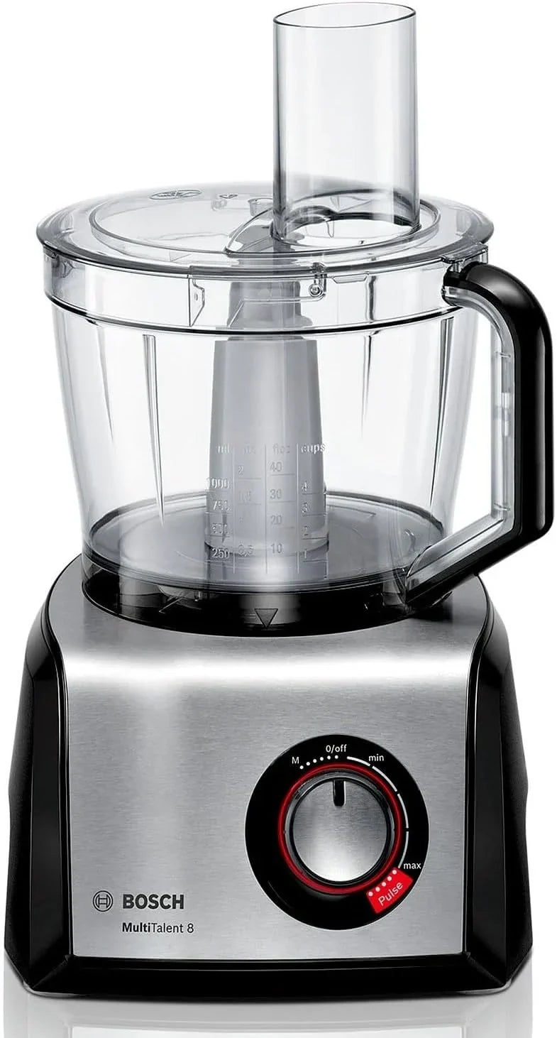 Bosch MultiTalent 8, Robot kuchenny z tarczą do frytek i młynkiem do ziaren, 1250 W, duża misa 3,9 l, mikser 1,5 l, wyciskarka do cytrusów, wyświetlacz LED, MC812M844, biały, szczotkowana stal
