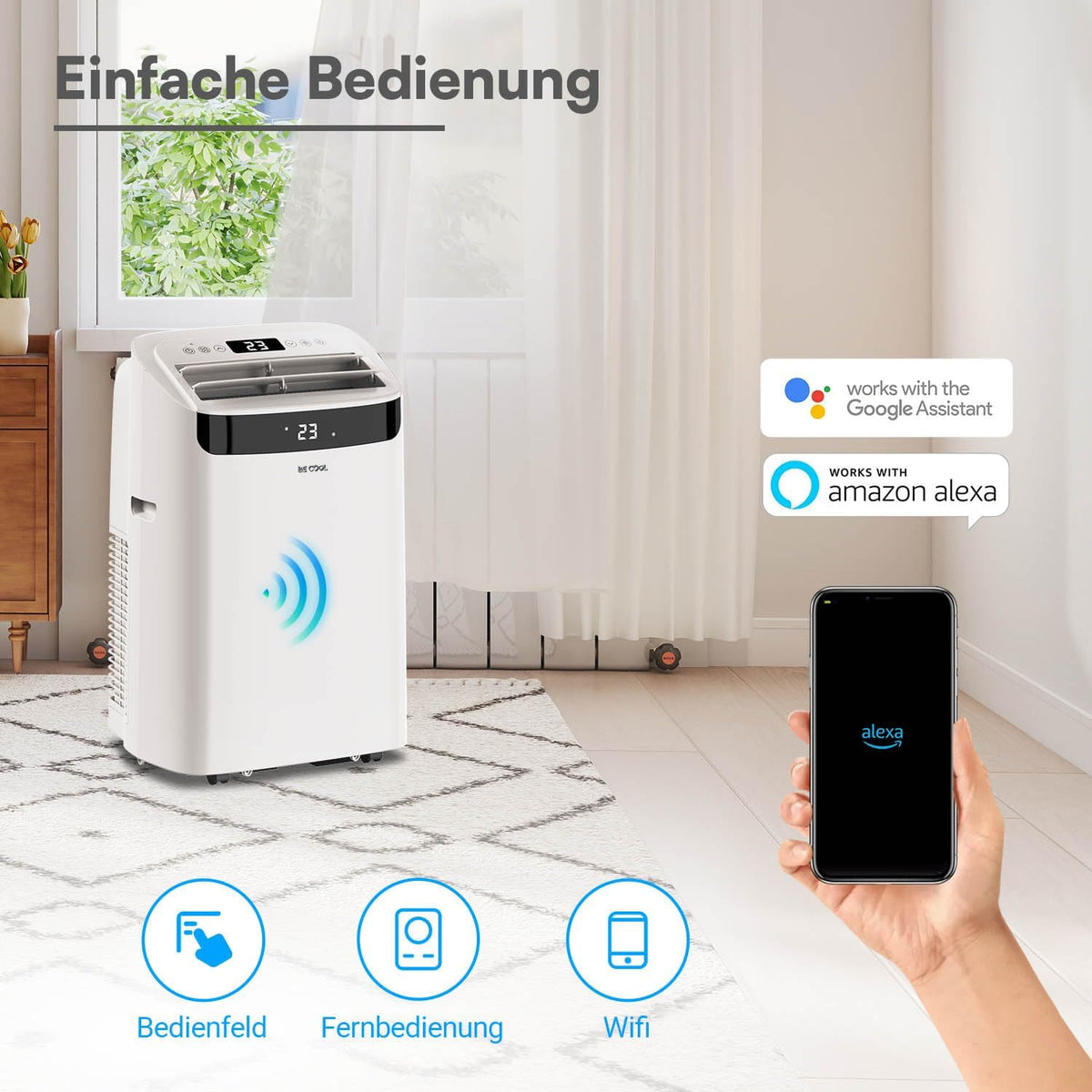 BE COOL mobiles Klimagerät 14000 BTU mit Heizung & WLAN, 4 in 1 Klimaanlage mit Entfeuchter und Ventilator, für Räume bis 48 m², Fernbedienung, Timer, Alexa & Google Assistant, weiß