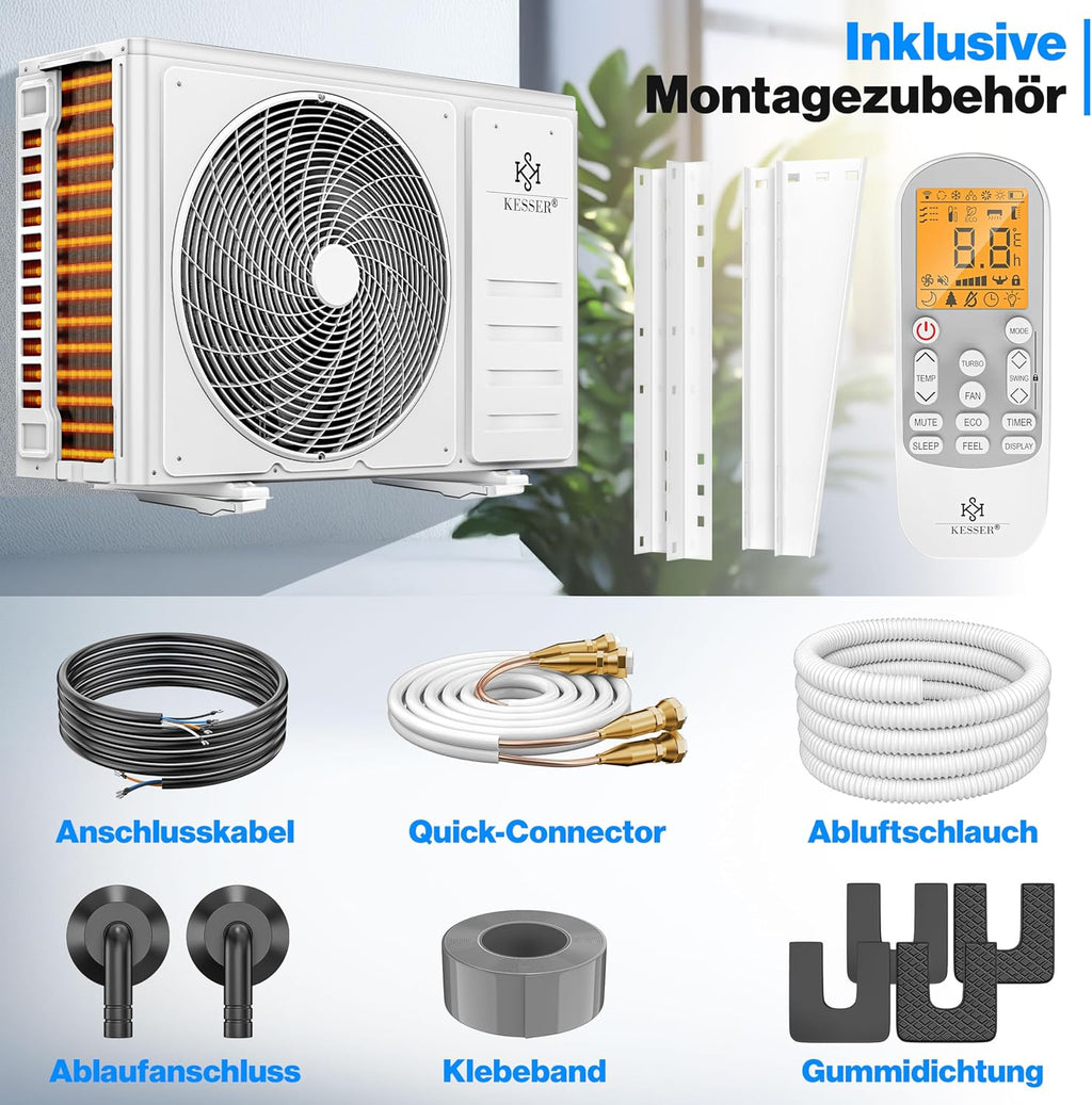 KESSER® Split Klimaanlage Set Quick Connect – WiFi & App Klimagerät mit Heizfunktion & Kühlmodus Wandklimaanlage, mit Kupferleitung 9000 BTU 2,6 kW Kältemittel R32 Inkl. Montagematerial