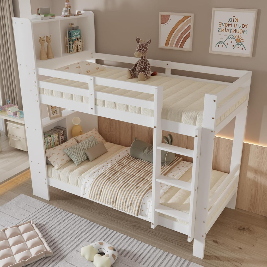 Kinderbett 90x200 mit Regalen und Leiter, Funktionsbett Etagenbett für 2 Kinder, Stockbett Hochbett Jugendhochbett mit Stauraum und Lattenrost,Jugendbett Bettrahmen aus Massivholz,ohne matratze,Weiß