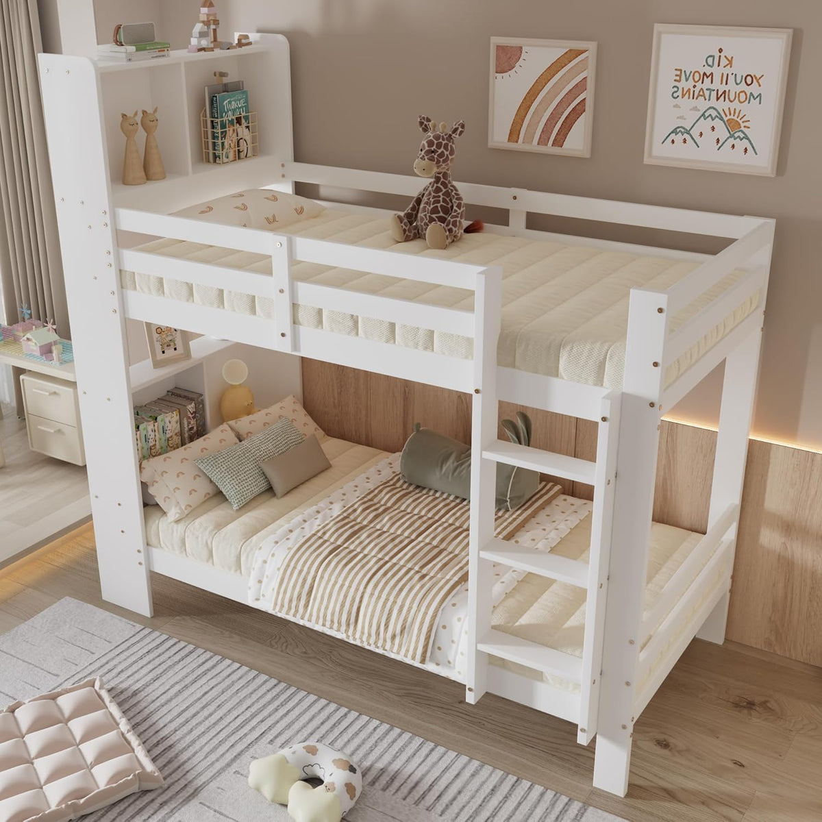 Kinderbett 90x200 mit Regalen und Leiter, Funktionsbett Etagenbett für 2 Kinder, Stockbett Hochbett Jugendhochbett mit Stauraum und Lattenrost,Jugendbett Bettrahmen aus Massivholz,ohne matratze,Weiß