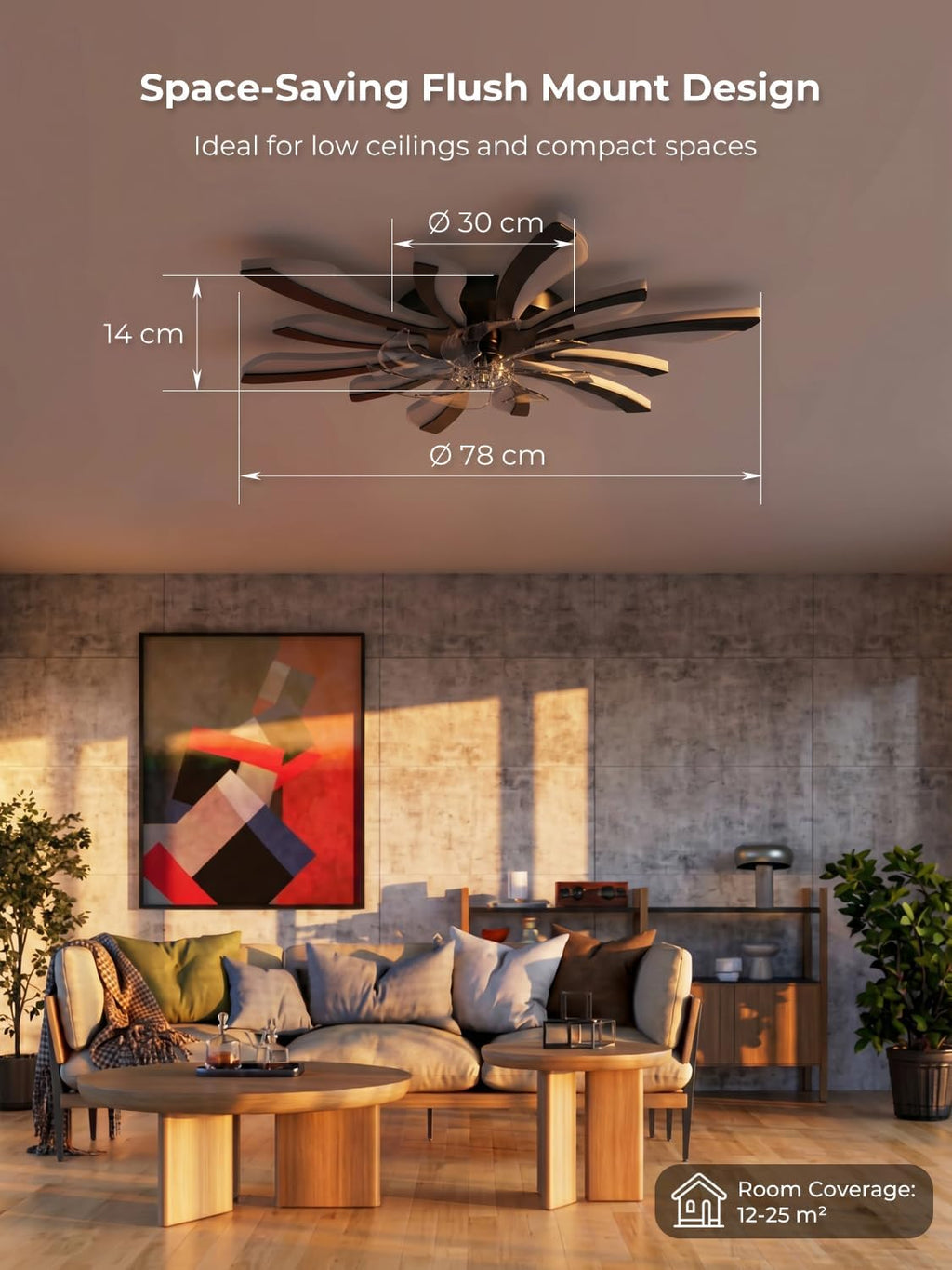 Smart Deckenventilator mit Beleuchtung, WiFi Lampe mit Ventilator Leise Kompatibel mit Alexa Google Home, Sprach/Fernbedienung/App Steuerung, für Schlafzimmer, Küche, Schwarz