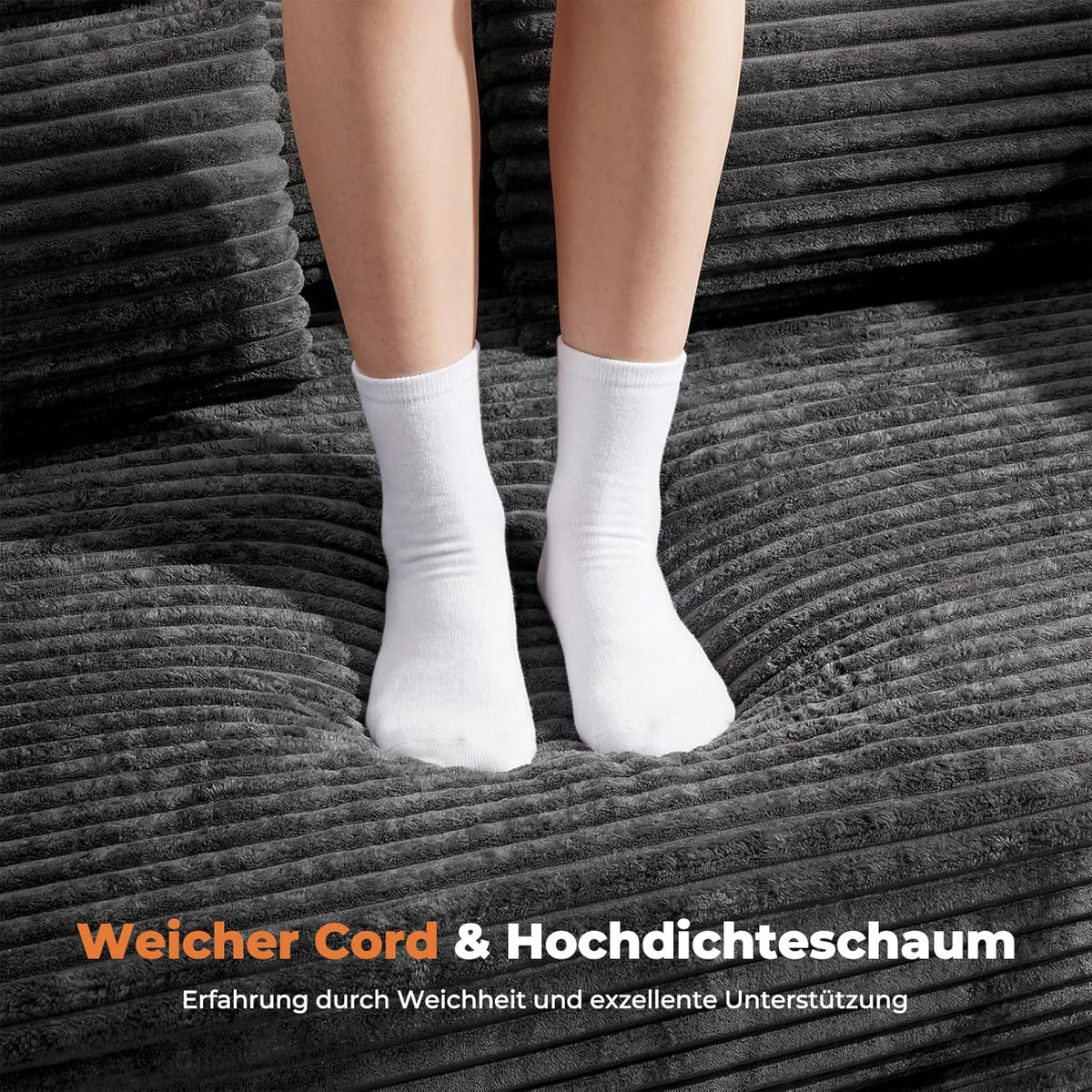 HOMRELEXA Schlafsofa 200cm Breit, Boneless Couch, Bodensofa Bed mit Hohe Rückenlehne, Abnehmbare Integrierte Kopf- und Lendenstütze, 2 Zierkissen, Seitentasche, Cord Sofa mit schlaffunktion, Grau | Hohe Rückenlehne, 2 Zierkissen, Abnehmbare Armlehnen