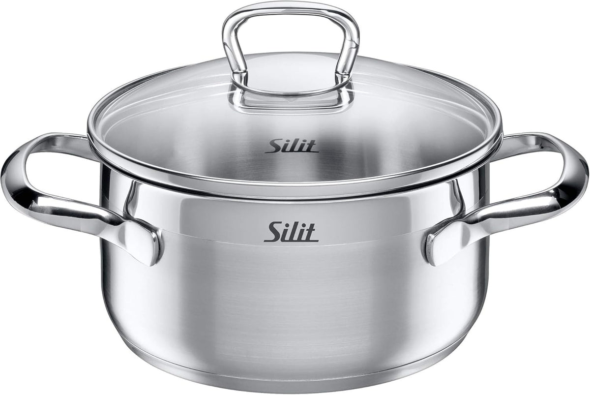 Silit Toskana Topfset induktionsgeeignet 10-teilig, Kochtopf Set mit Glasdeckel, Induktionskochtöpfe, Milchtopf, Dämpfer, Pfanne, Edelstahl teilmattiert, Induktions Töpfe Set unbeschichtet
