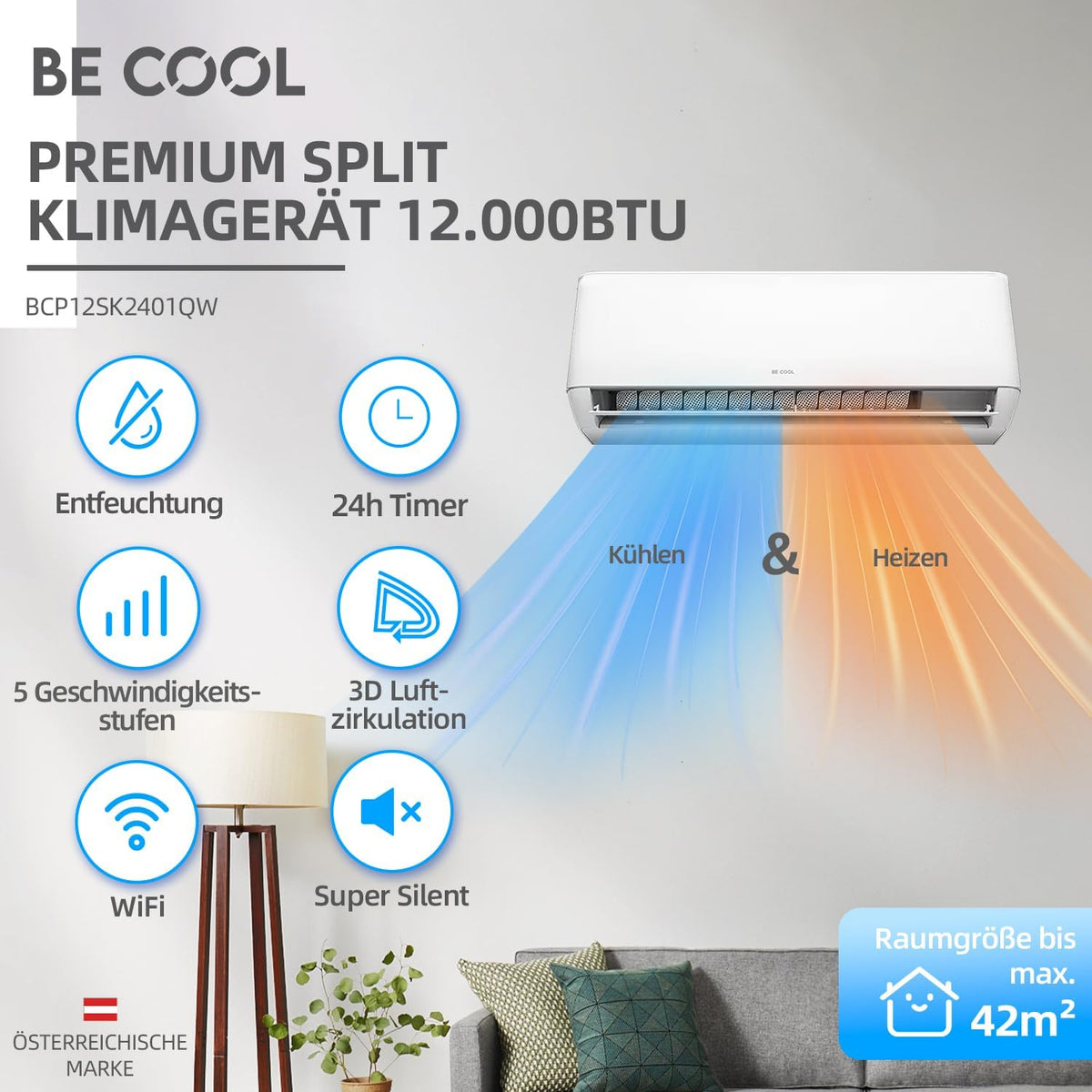 BE COOL Premium Split-Klimagerät T-PRO Series 12.000 BTU – Smarte Klimatisierung für Ihr Zuhause!