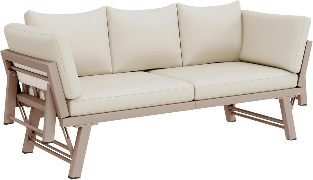 Gartenmöbel-Set, Outdoorsofa, 3-Sitzer-Sofa, Beige, Gartensofa mit Liegefunktion, Sonnenliege Gartenliege mit Auflagen und klappbaren Armlehne, Gartencouch für Garten, Terrasse, Balkon