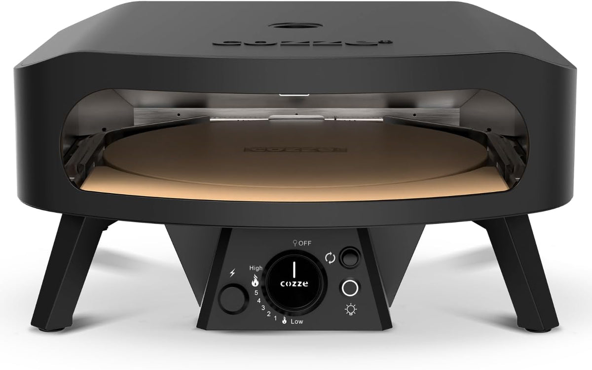 Cozze® 17" Pizzaofen Gas Schwarze Edition mit rotierender Pizzastein Ø43 cm - 600°C, Pizza in 2 Minuten