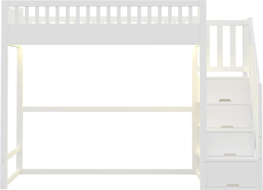 Hochbett 90 x 200,Hochbett mit Sicherheitsleiter, Sicherheitsgeländer, Bettrahmen aus massivem Kiefernholz, L-E-D-Lichtleiste, austauschbaren Sicherheitsleitern auf beiden Seiten (Weiß)