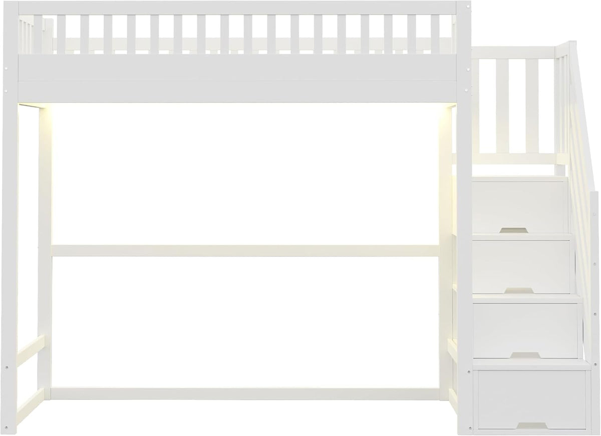 Hochbett 90 x 200,Hochbett mit Sicherheitsleiter, Sicherheitsgeländer, Bettrahmen aus massivem Kiefernholz, L-E-D-Lichtleiste, austauschbaren Sicherheitsleitern auf beiden Seiten (Weiß)