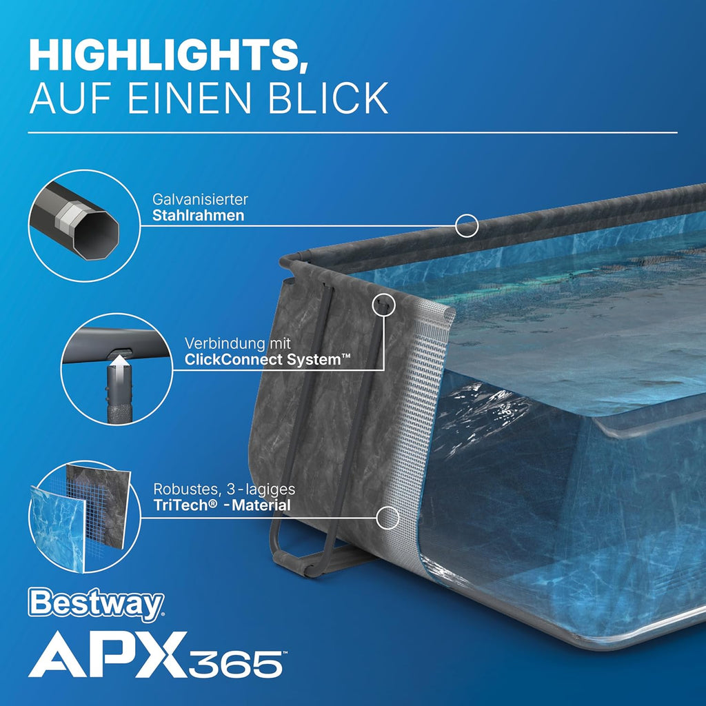 Bestway APX365 Winterfestes Frame Pool Set, Sandfilteranlage, 549 x 274 x 132 cm, 16.477 L, Stahlrahmen, Polar-Shield, Dunkle Marmor-Optik, Sicherheitsleiter, Abdeckplane, Werkzeugloser Aufbau, DEKRA
