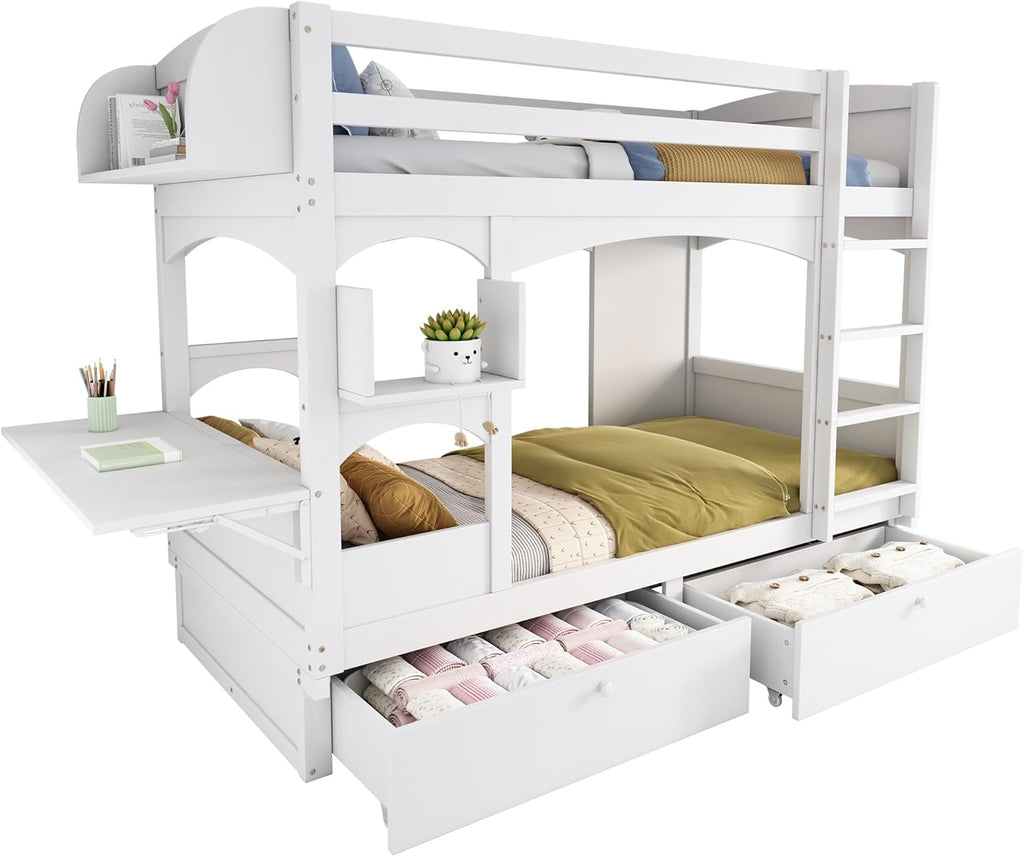Kinderbett Etagenbett 2 Kinder 90x200 cm mit Klapp-Schreibtisch und Regal, Jugendbett Hochbett mit Rausfallschutz und 2 Schubladen, Holzbett Bettgestell mit Lattenrost, Weiß, Ohne Matratze