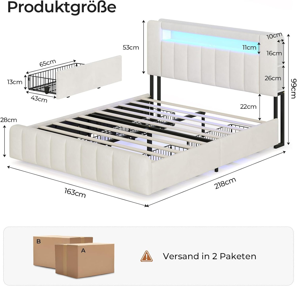 AOGLLATI Polsterbett 160x200 cm mit Stauraum - 4 Schubladen, Doppelbett mit LED-Beleuchtung & Ladestation, Bettgestell mit Kopfteil aus Samt, Bett mit Lattenrost ohne Matratze