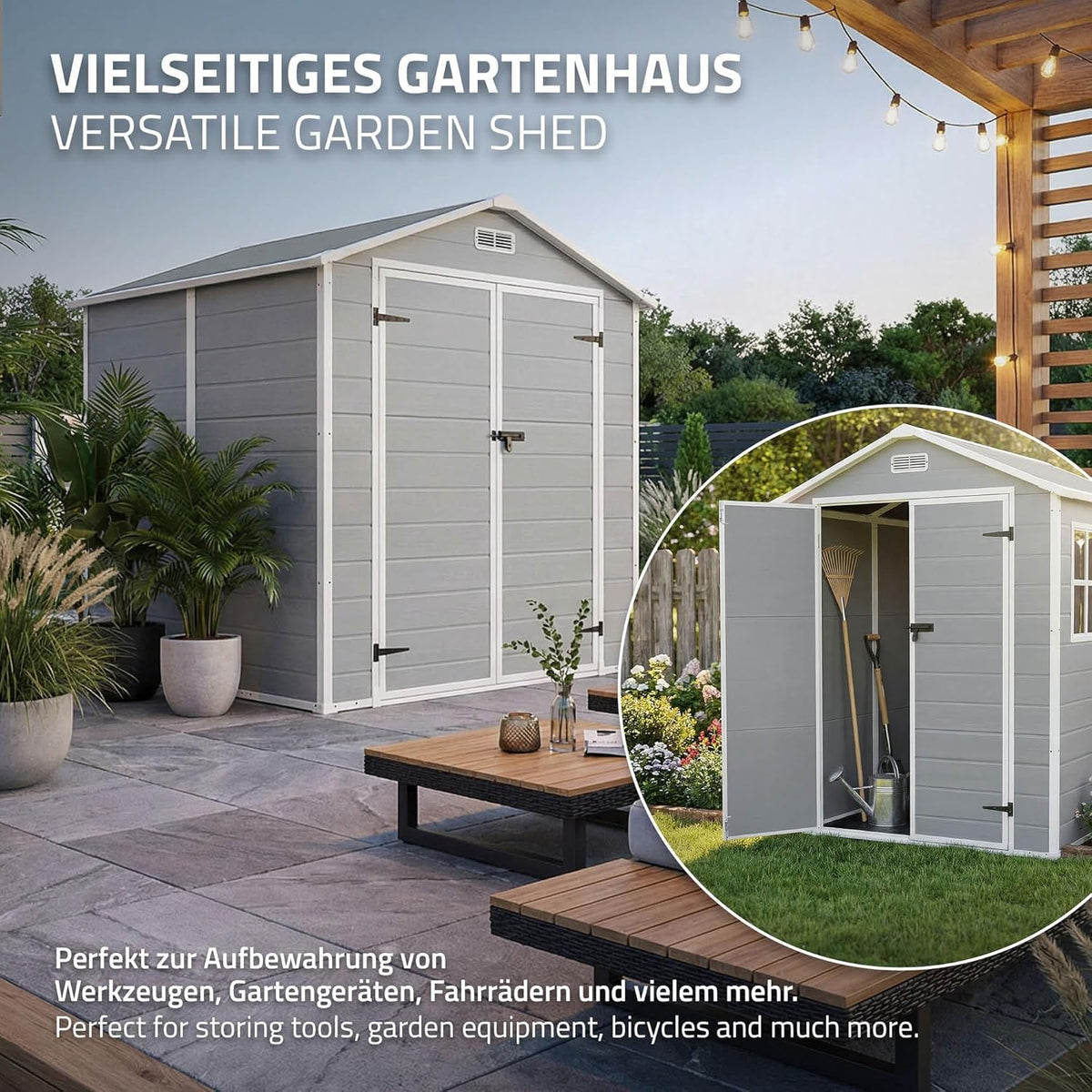 ECD Germany Gartenhaus Kunststoff mit Boden, Gerätehaus wetterfest, 5m³, 151x182x220 cm, Hellgrau, Geräteschuppen mit Satteldach, Fenster, Doppeltür & Belüftung, Gartenschuppen, Outdoor Aufbewahrung