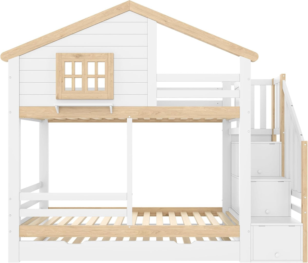 Kinderbett 90x200,Etagenbett für 2 Kinder,Hausbett Hochbett mit Ausziehbett&Treppe&Fenstern&Dach,Holzbett Stauraumbett Stockbett Jugendhochbett mit Rausfallschutz&Lattenrost,Ohne Matratze,Weiß+Natur