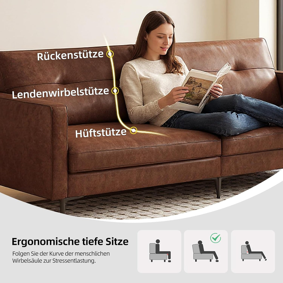 3-Sitzer Sofa in Vintage Lederoptik – Kompaktes Kunstleder Sofa mit Knopfheftung, Metallfüßen & Geraden Armlehnen, Braun – Retro Couch für Wohnzimmer, Büro oder kleine Wohnung (220cm Streifendesign)