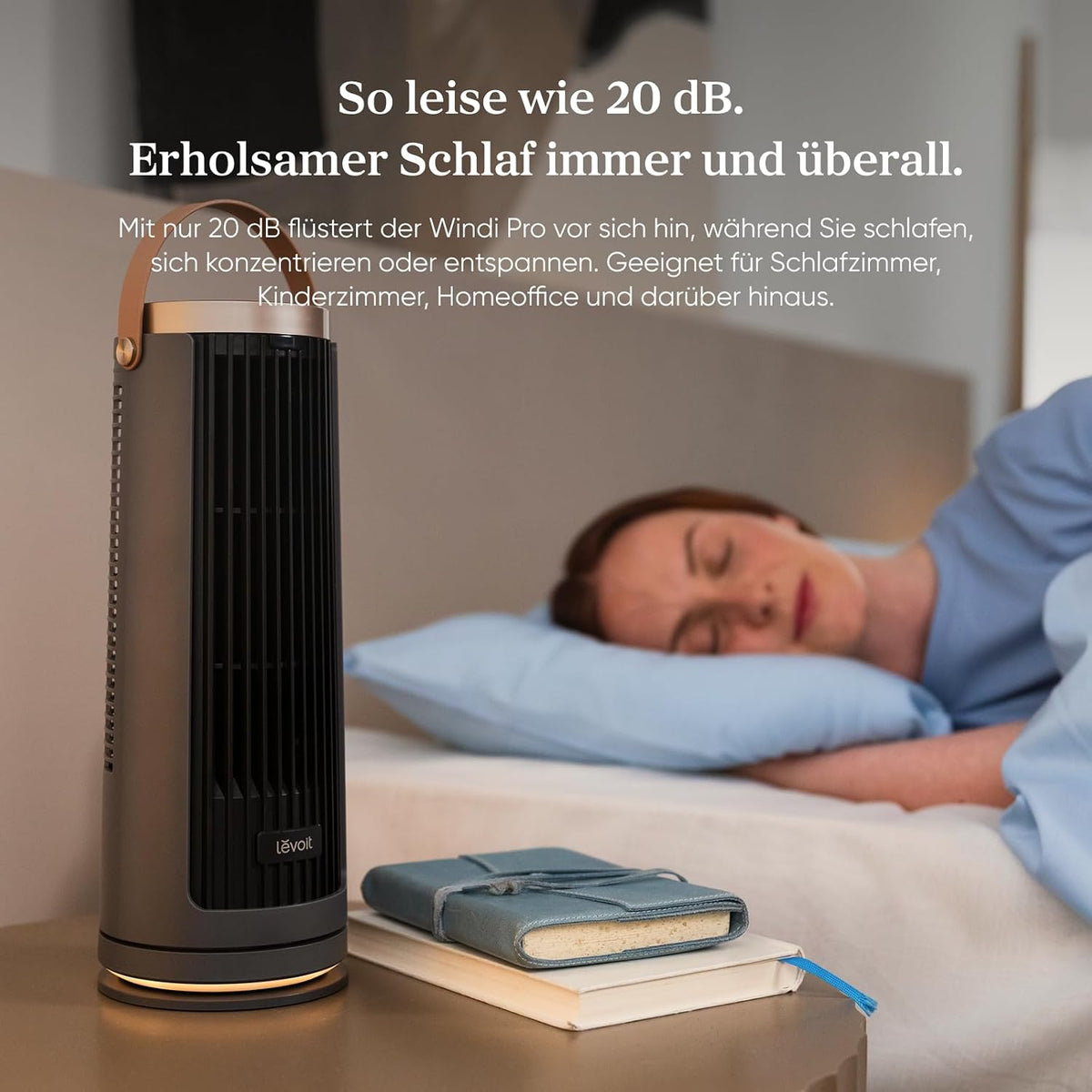 Levoit Kompakt Turmventilator Akku DC Motor Indoor/Outdoor – leise ab 20dB Ventilator – 7m/s Kühlung Tischventilator– 5 Stufen/90° Oszillation/12 Std Timer/Fernbedienung – tragbar, 33 cm, Graphitgrau