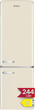 Amica Retro Kühlschrank freistehend mit Gefrierfach 244 l LED Beleuchtung Glasablagen Chrom Flaschengitter 181 x 55 x 62 cm Beige - Kühl Gefrierkombination