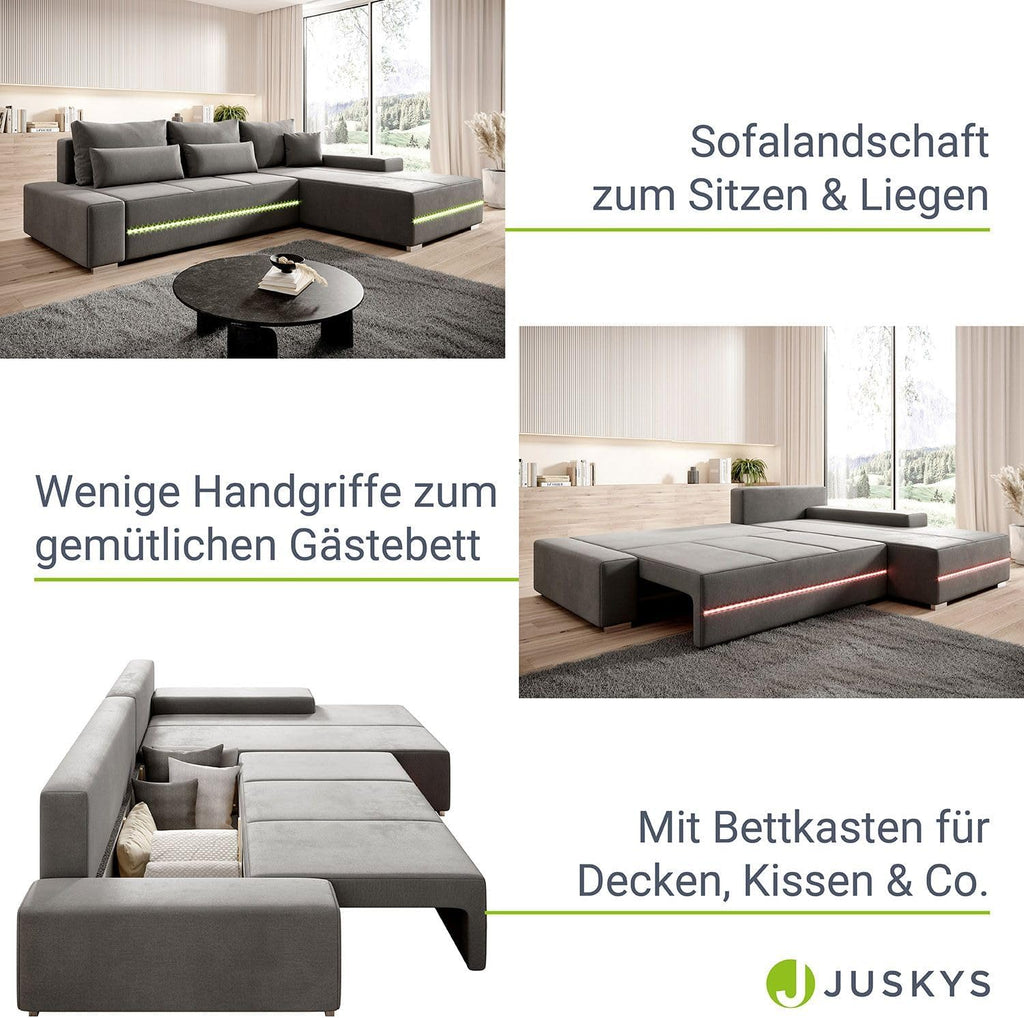Juskys Sofa Davos Rechts mit Schlaffunktion - Ecksofa für Wohnzimmer mit Bettkasten & LED - Stoff Schlafsofa L Form Couch Beleuchtung - Hellgrau