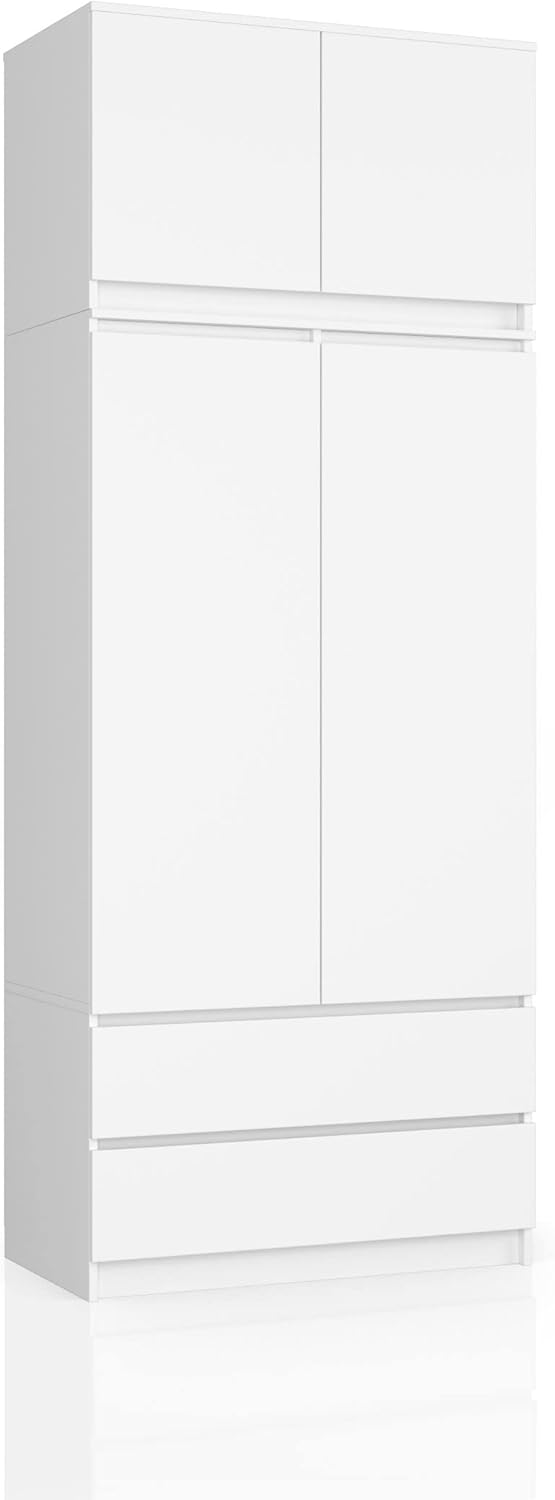 BDW Kleiderschrank mit 4 Türen, 4 Einlegeböden, Kleiderbügel, 2 Schubladen - Aufbewahrungsschrank - Moderner Schrank für das Schlafzimmer Wohnzimmer Diele - 234x90x51cm - Weiß