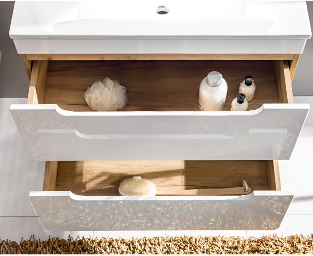 Lomadox Badmöbel Set, Hochglanz weiß mit Wotan Eiche Nb., 80 cm Waschtisch-Unterschrank mit Keramik-Waschbecken, 50 cm LED-Spiegel, Hochschrank & 3 Hängeschränke