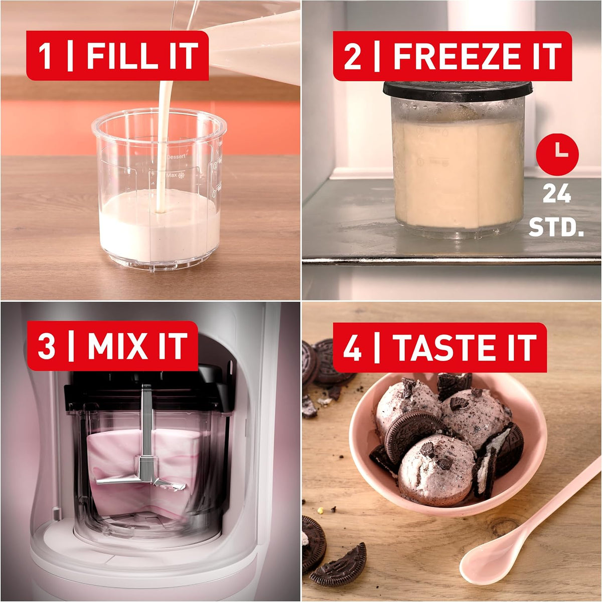 Tefal Dolci Eismaschine - 10 Programme für Eiscreme, Sorbet, Gelato  und  Frozen Yogurt, 1-Step-Perfector Technologie, inkl. 3x Tritan-Eisschüsseln, Mix-In-Funktion  und  automatisches Reinigungsprogramm