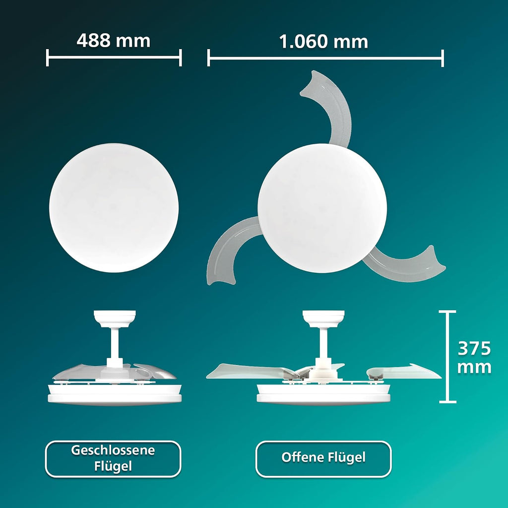 PHILIPS Solr Deckenventilator mit LED-Licht und Einziehbaren Flügeln, 3 Flügel, 106 cm Flügelspannweite, 4.500 Lumen, Drei Weißstufen (2.700 K/4.000 K/5.500 K), Dimmbar bis 10%, Inkl. Fernbed., Weiß