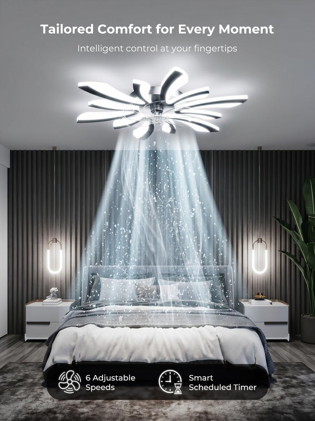 Smart Deckenventilator mit Beleuchtung, WiFi Lampe mit Ventilator Leise Kompatibel mit Alexa Google Home, Sprach/Fernbedienung/App Steuerung, für Schlafzimmer, Küche, Schwarz