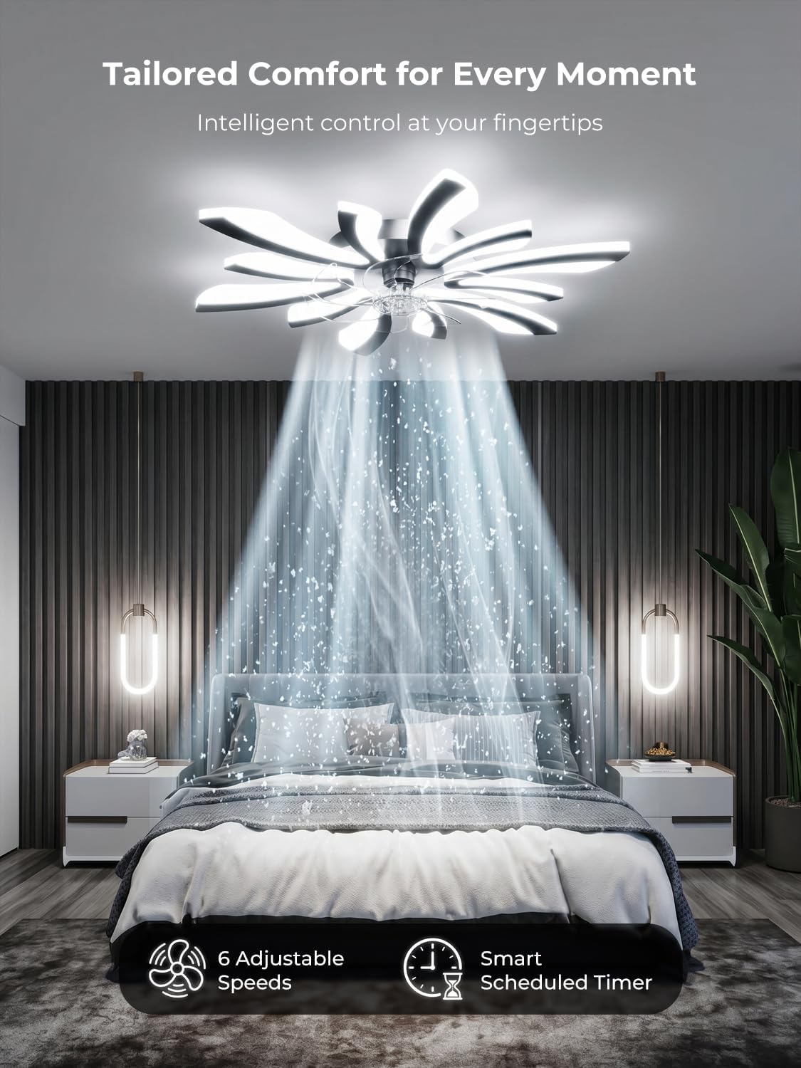 Smart Deckenventilator mit Beleuchtung, WiFi Lampe mit Ventilator Leise Kompatibel mit Alexa Google Home, Sprach/Fernbedienung/App Steuerung, für Schlafzimmer, Küche, Schwarz