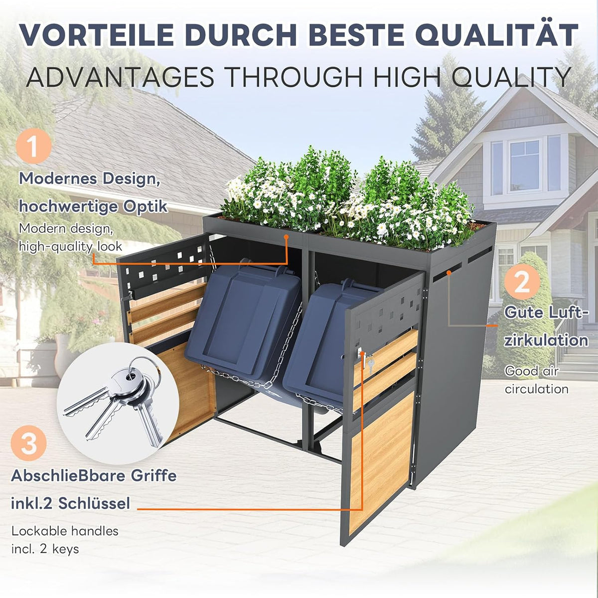 Mülltonnenbox 4er, Mülltonnenverkleidung mit Pflanzdach für Mülleimer 120-240 Liter, Abschließbar Türen, Rostfrei Verzinkter Stahl Garten Müllbox Aufbewahrungsbox, Anthrazit, 264 x 80 x 125cm