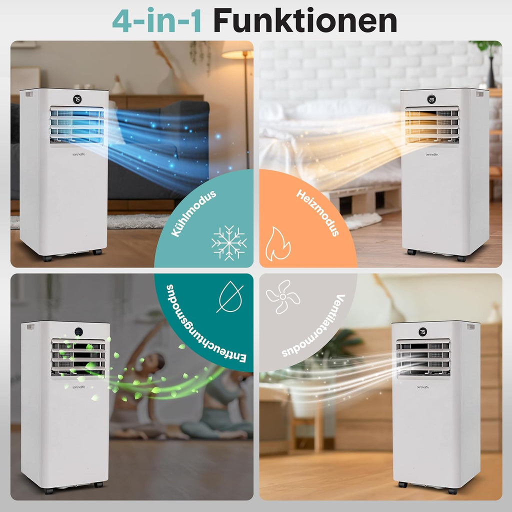 SereneLife Klimaanlage 7000BTU 2.05kW- 4-in-1 Mobiles Klimagerät mit WLAN, Heizen, Entfeuchten, Ventilator für Räume bis 28 m², inkl. Abluftschlauch und Fensterkit, 24h- Timer, 54db