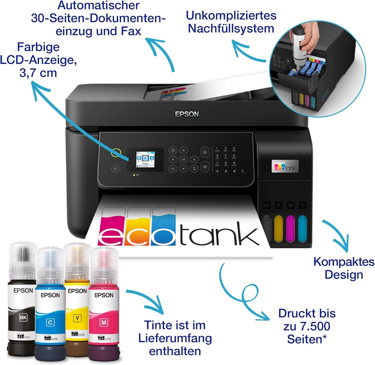 EcoTank ET-4800 Tintentankdrucker | für Zuhause & kleine Büros | WLAN & Ethernet| A4 | Drucken, Kopieren, Scannen, Faxen | 3.7cm LCD-Display Bildschirm | ADF | inkl. Tinte für bis zu 3 Jahre
