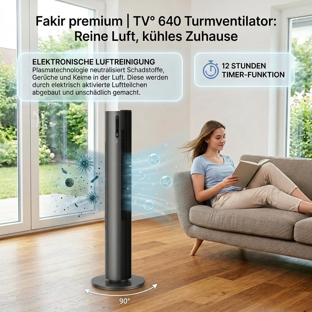 Fakir premium TV° 640 Turmventilator - Leiser Lüfter mit 32dB(A), DC-Motor, 12 Stufen, 12h Timer, LED-Display, Fernbedienung & 90° Oszillation, Luftreinigung, 450m³/h, 110cm Höhe, Farbe: Anthrazit
