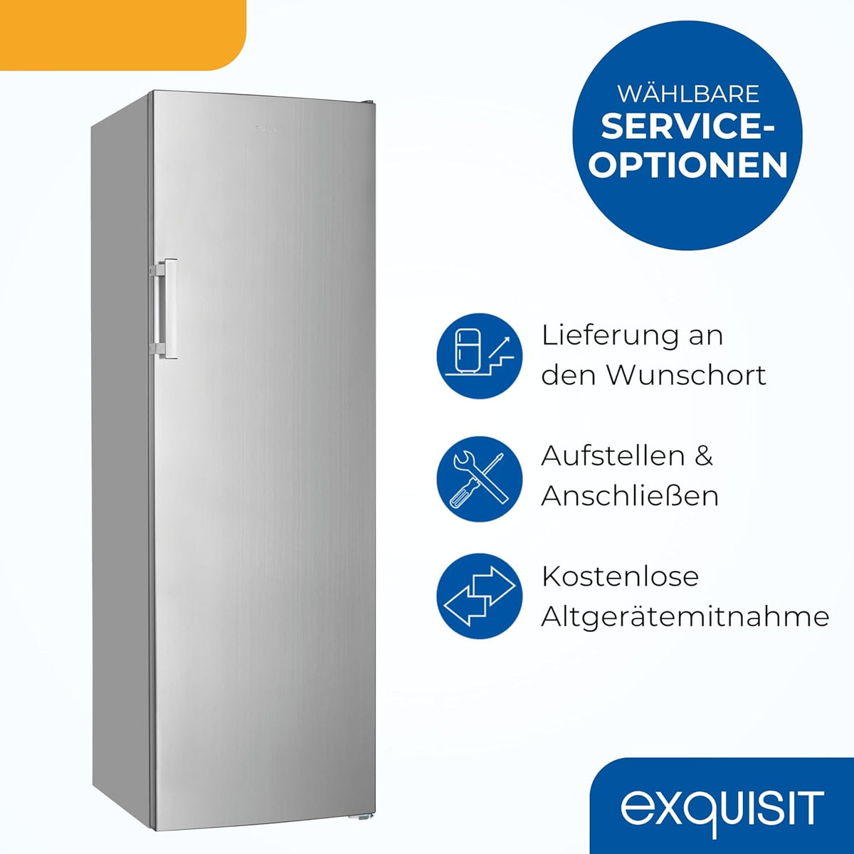 Exquisit Gefrierschrank | 204 l Nutzinhalt, Energieklasse E, 39 dB(A) | NoFrost, Schnellgefrieren, elektronische Temperaturregelung, Türalarm, hohe Bauform | GS5271-NF-H-040E inoxlook