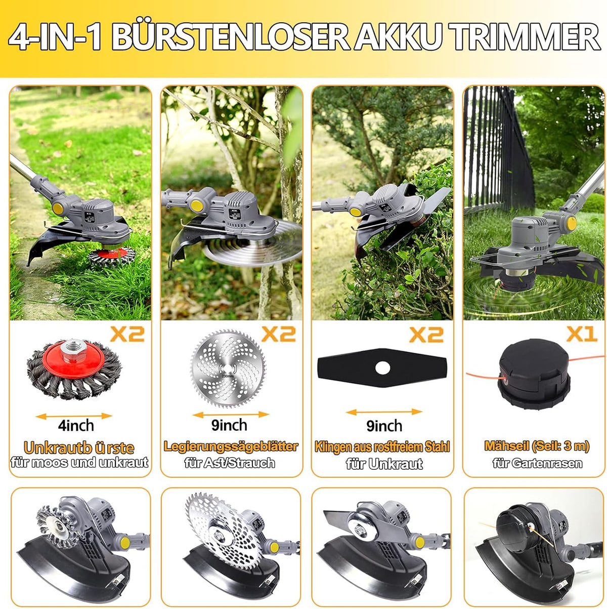 Akku Rasentrimmer mit Akku und Unkrautbürste 4 in 1 Freischneider mit Unkrautbürste 21V Bürstenloser Freischneider, Elektro Motorsense mit 2 Akku 4.0Ah und Ladegerät Teleskop, Verstellbarer, Orange