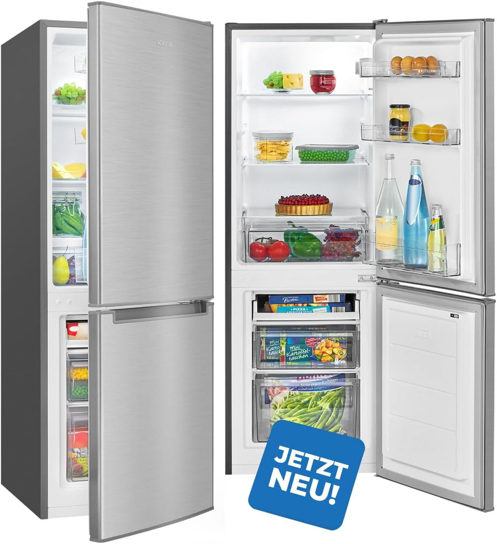 Bomann® Kühlschrank mit Gefrierfach | Energieklasse C | 143cm | Kühl Gefrierkombination leise 40 dB | 3 Ablagen & 2 Schubladen | Türanschlag wechselbar | 173L Kühlgefrierkombi | KG 7359 inox