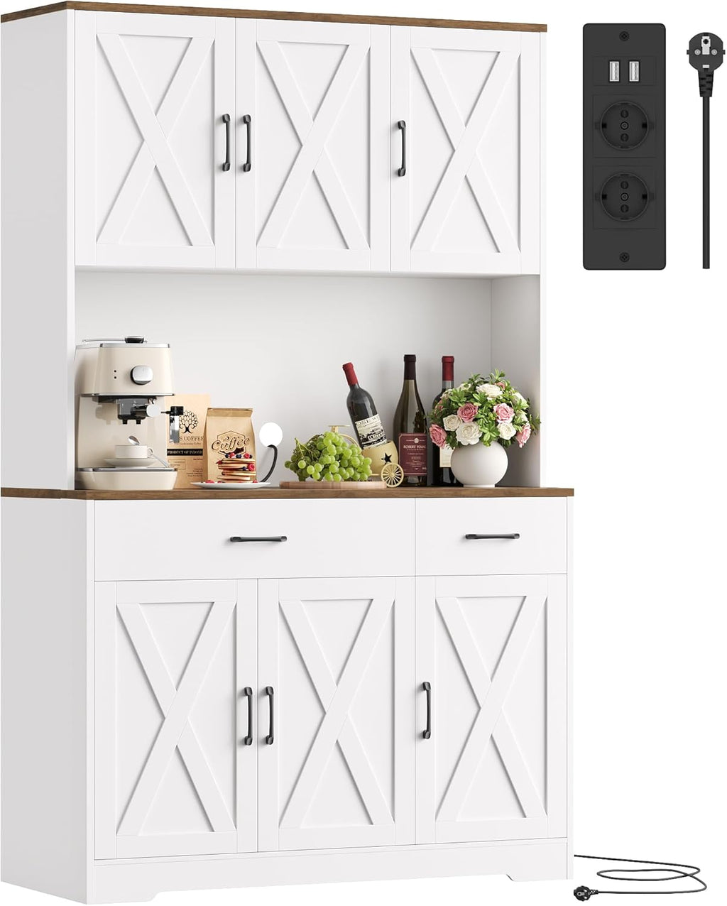 HOCSOK Küchenschrank 105x180 cm (BxH), Buffetschrank Weiß, Sideboard mit Steckdosen, Verstellbare Einlegeböden, Arbeitsplatten und 2 Schubladen, Vorratsschrank für Küche, Wohnzimmer, Esszimmer