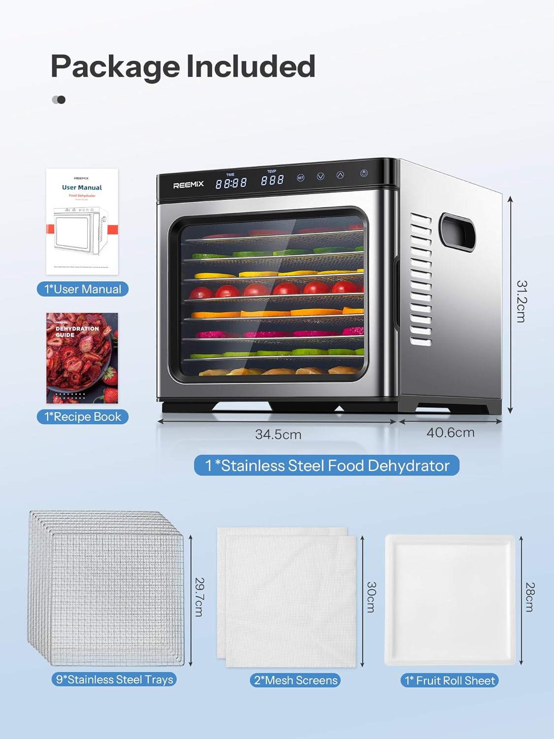 Dörrautomat Edelstahl mit digitaler Steuerung 1000W, Food Dehydrator mit 9 Edelstahl-Ablagegitter, Große Fläche 0,8 m², Temperatur: 35-75 C°, Timer: 30 min.-48h, LCD-Touch-Display