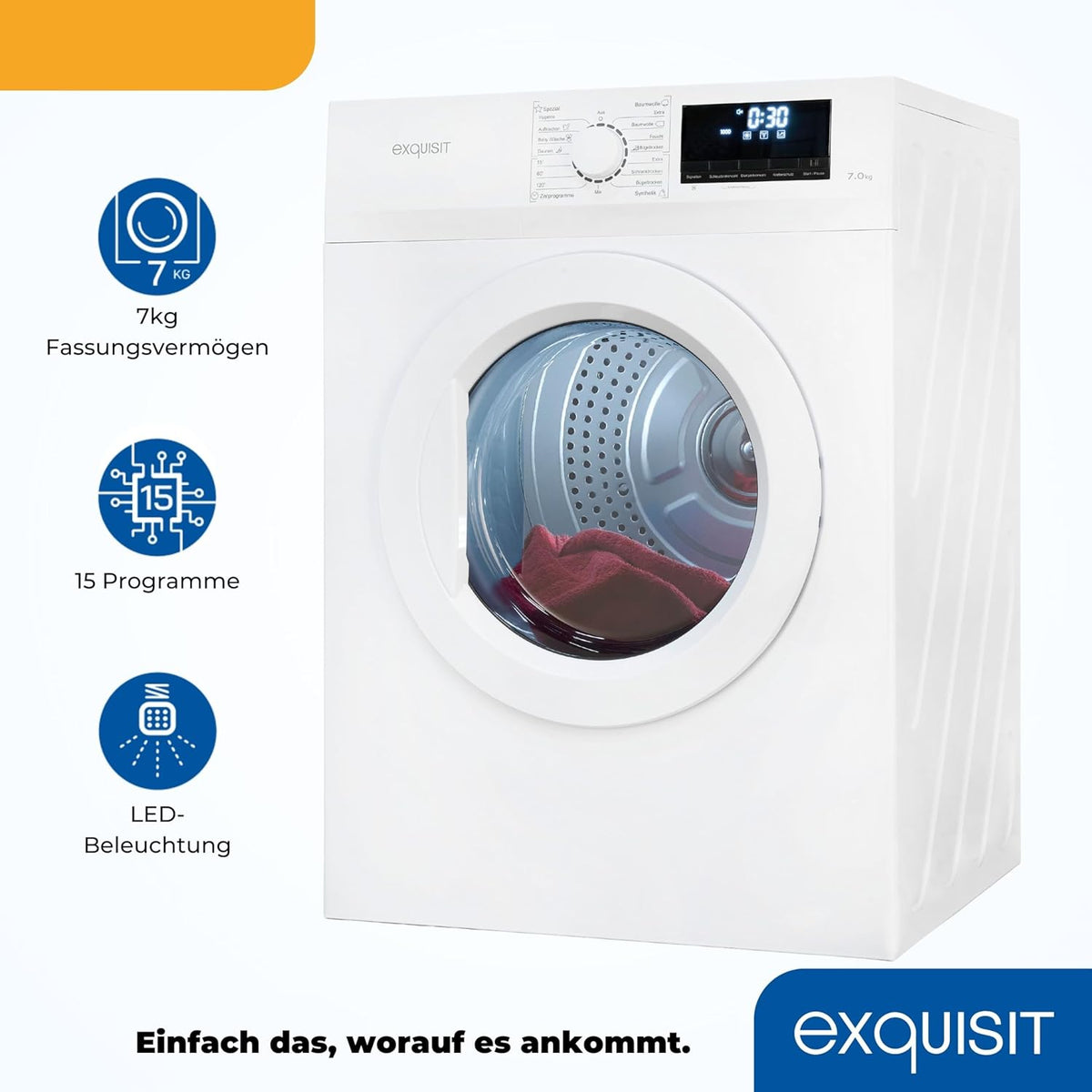 Exquisit Wäschetrockner 7kg, Trockner, Startzeitvorwahl, Knitterschutz, Ablufttrockner, 15 Programme, Kindersicherung, Energieklasse G, TAE70-70 weiss