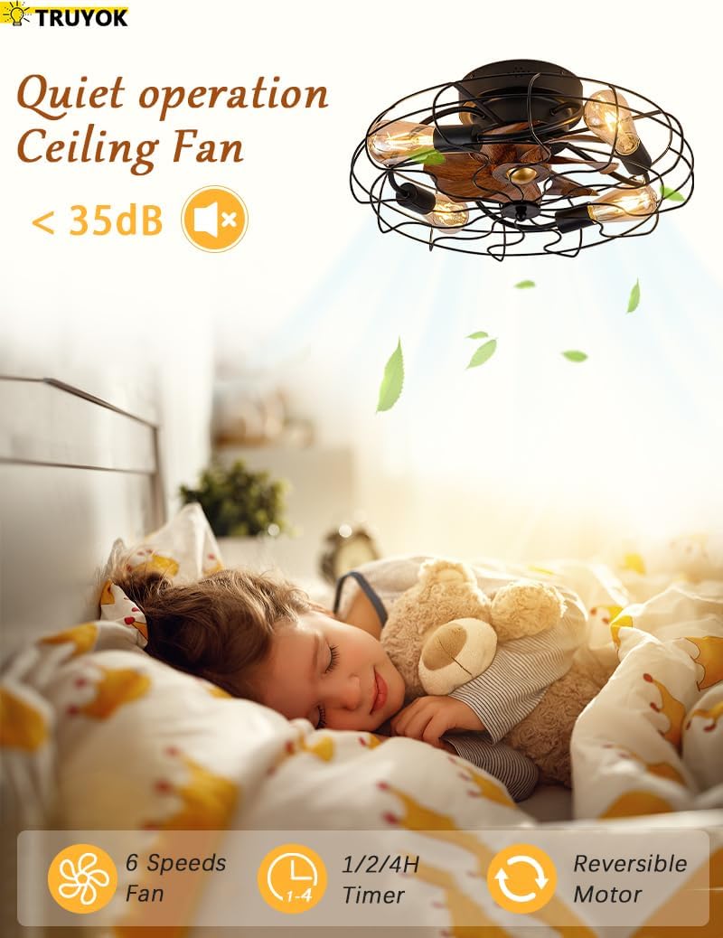 Deckenventilator mit Licht Retro LED Deckenleuchte mit Ventilator und Fernbedienung Industrial Deckenlampe E27 Vintage Cage Fan Lamp für Schlafzimmer Wohnzimmer Küche Beleuchtung, Schwarz