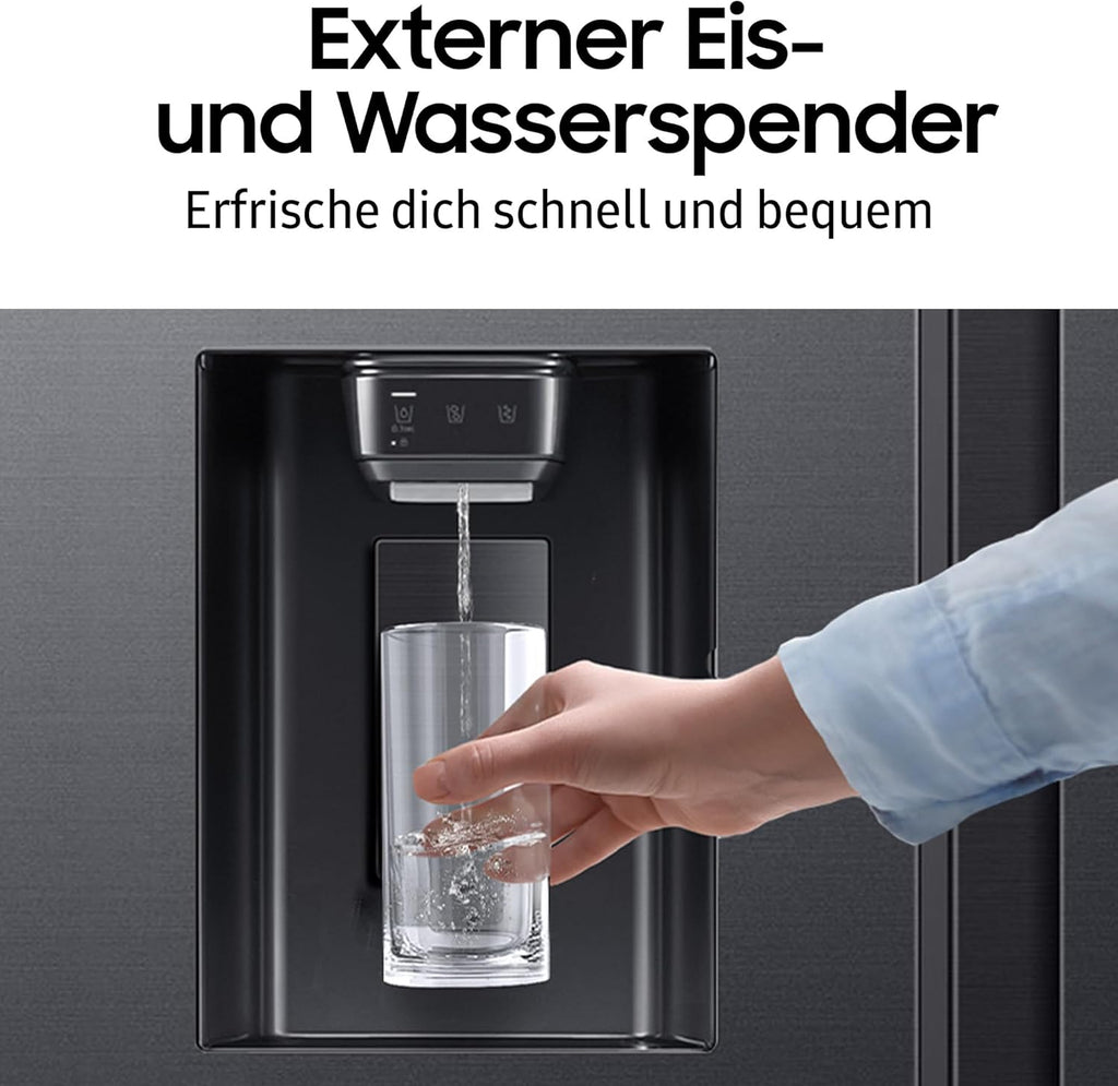 Samsung RS70F65KDFEF Side-by-Side Kühl-Gefrierkombination, AI Kühlschrank mit Gefrierfach, 178 cm, 640 l, Eis-/Wasserspender mit Wassertank, AI Energy Mode, Metal Cooling, Black Steel