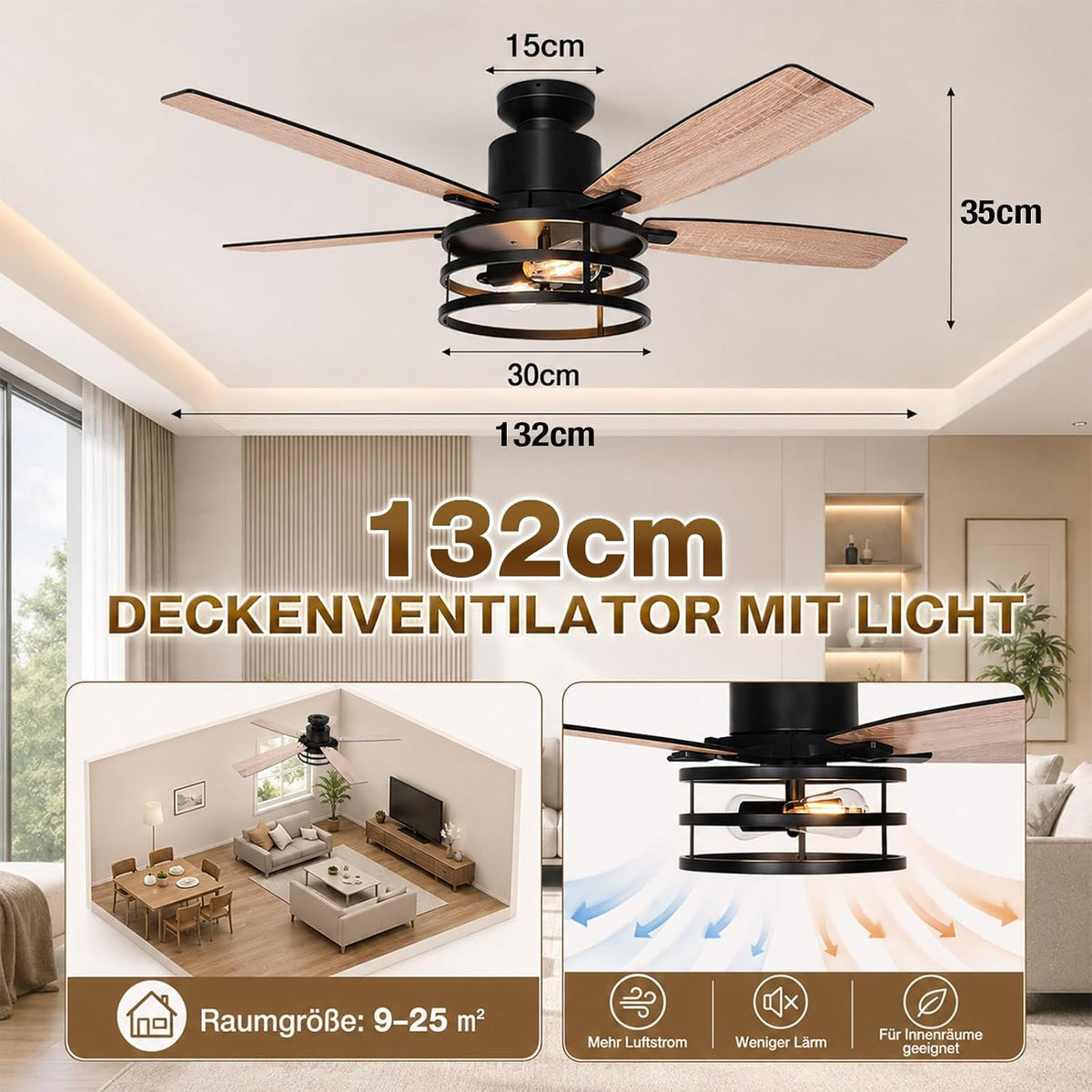132cm Deckenventilator mit Beleuchtung Doppelseitige Flügeln, Leise Deckenlampe mit Ventilator, Fernbedienung Timer, 6 Geschwindigkeiten DC Motor Umkehrbar, 2700K, für Schlafzimmer Wohnzimmer